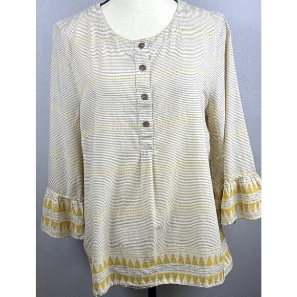 J.Jill Sz M 4 Btn Aztec Geometric Striped Mid Arm Flutter Sleeve Organic Ctn Top - Picture 1 of 10